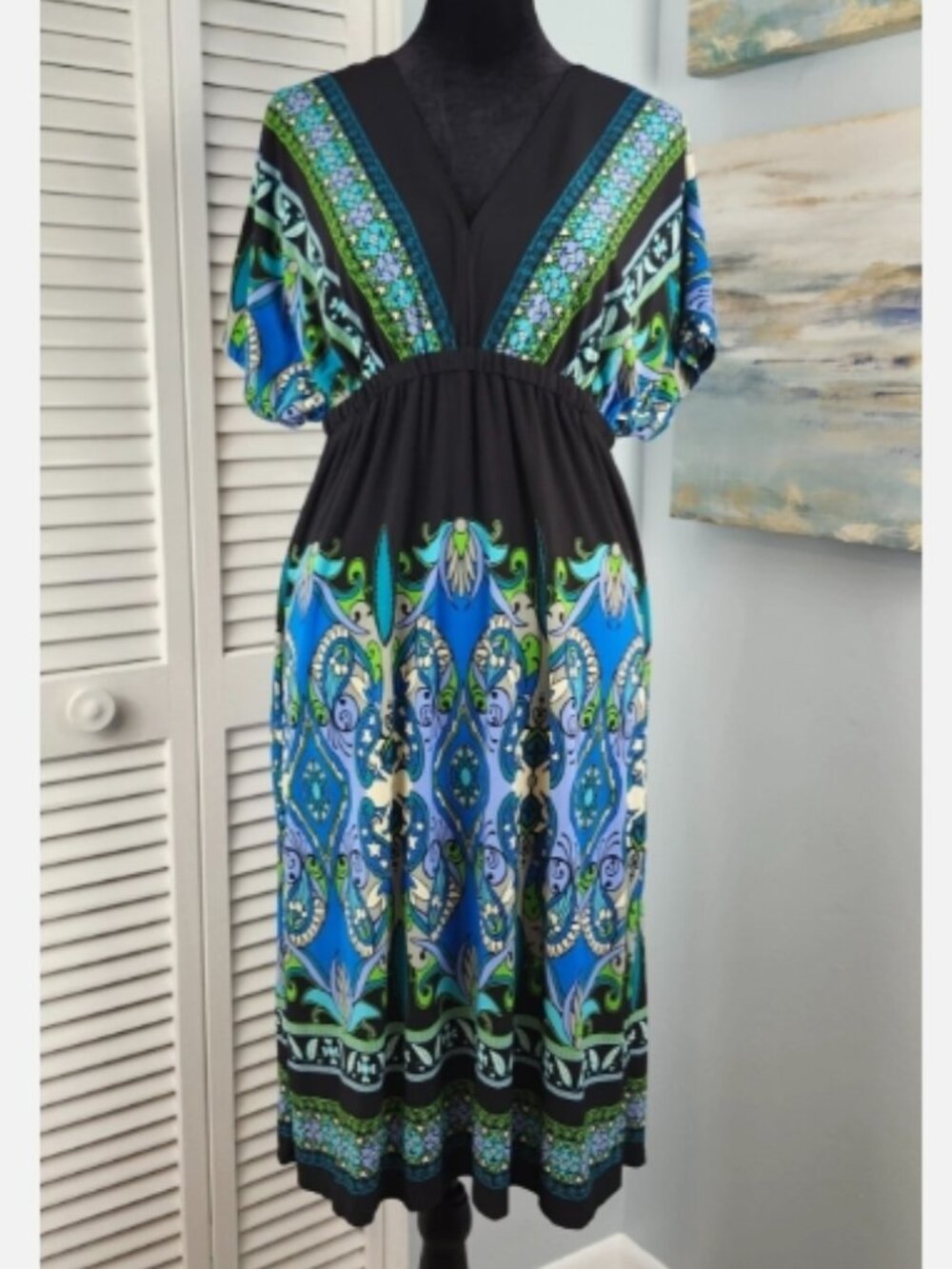 Cato Dress size M Paisley Kaftan Black Blue Stretch Beach Cover